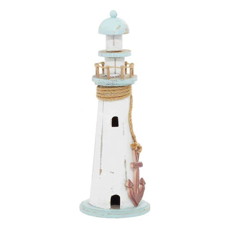 Coastal White Wooden Lighthouse Sculpture, 15" x 6" x 6"