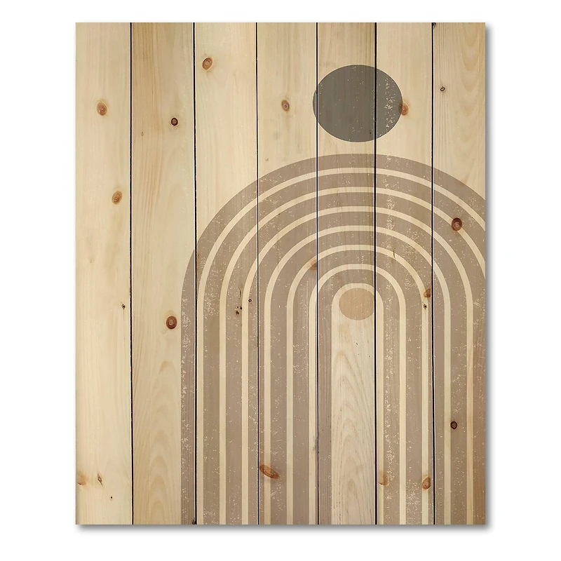 Designart - Abstract Rainbow Sun and Moon In Earth Tones I - Modern Print on Natural Pine Wood