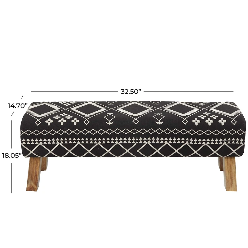 50" Black Wood Upholstered Geometric Bench With Tapered Wooden Legs