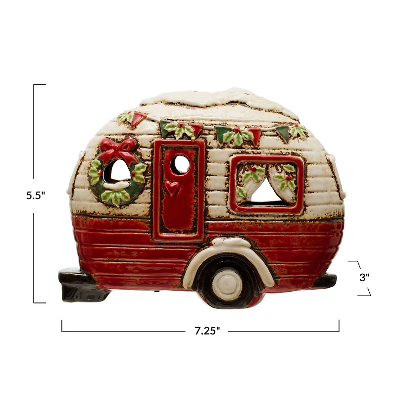 Hello Honey® 7.25" Red, Cream & Green Hand-Painted Stoneware Camper with LED Lights & Reactive Glaze