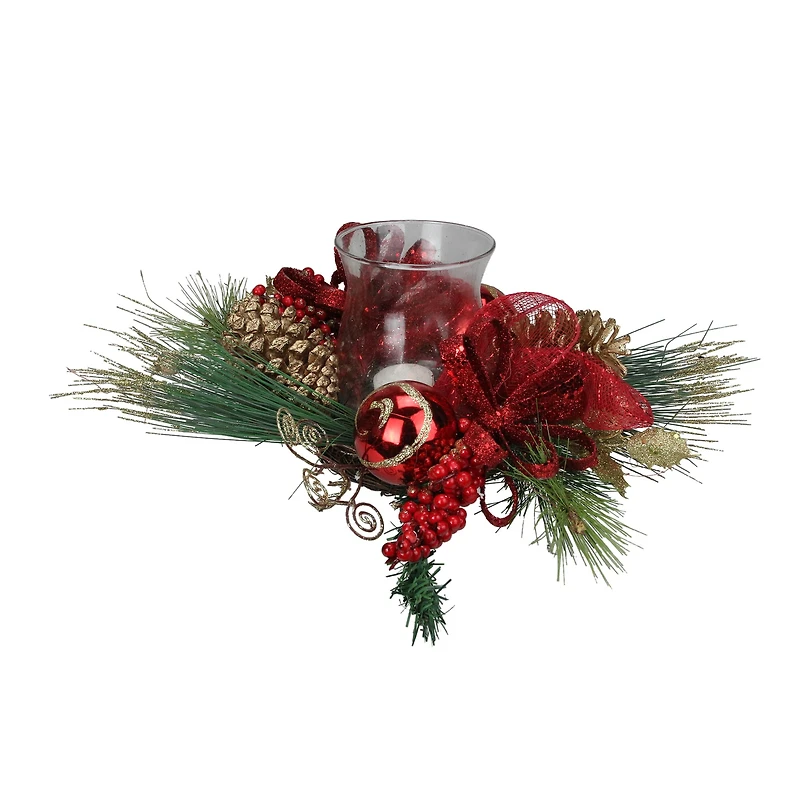 18" Pine Sprigs & Glittered Berries Christmas Hurricane Candle Holder
