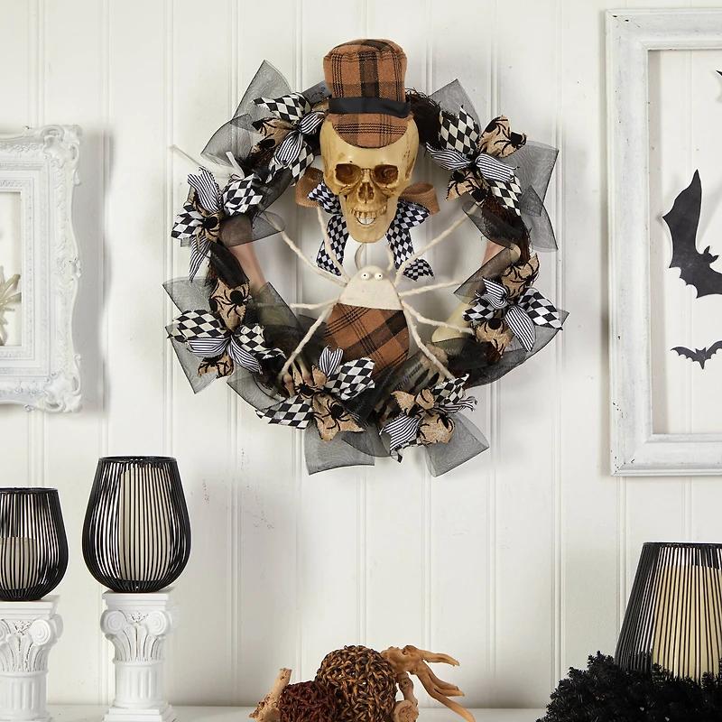 24" Halloween Skull in Plaid Mesh Wreath
