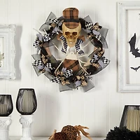 24" Halloween Skull in Plaid Mesh Wreath