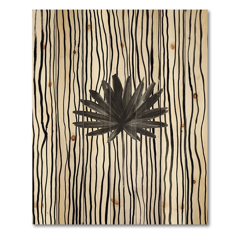 Designart - Black and White Tropical Leaf On Striped III