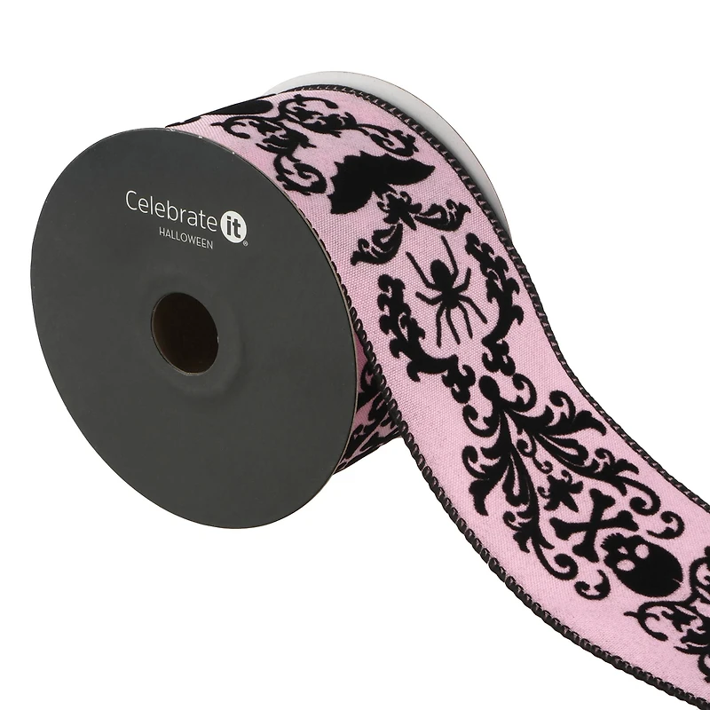 2.5" x 20ft. Black & Pink Flocked Damask Skulls Wired Ribbon by Celebrate It® Halloween