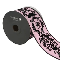 2.5" x 20ft. Black & Pink Flocked Damask Skulls Wired Ribbon by Celebrate It® Halloween