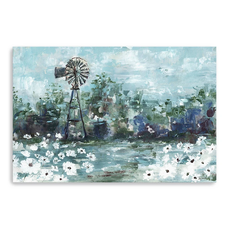 Windmill And Daisies Landscape Canvas Giclee