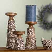 Etched Starburst Woodgrain Candle Holder Set