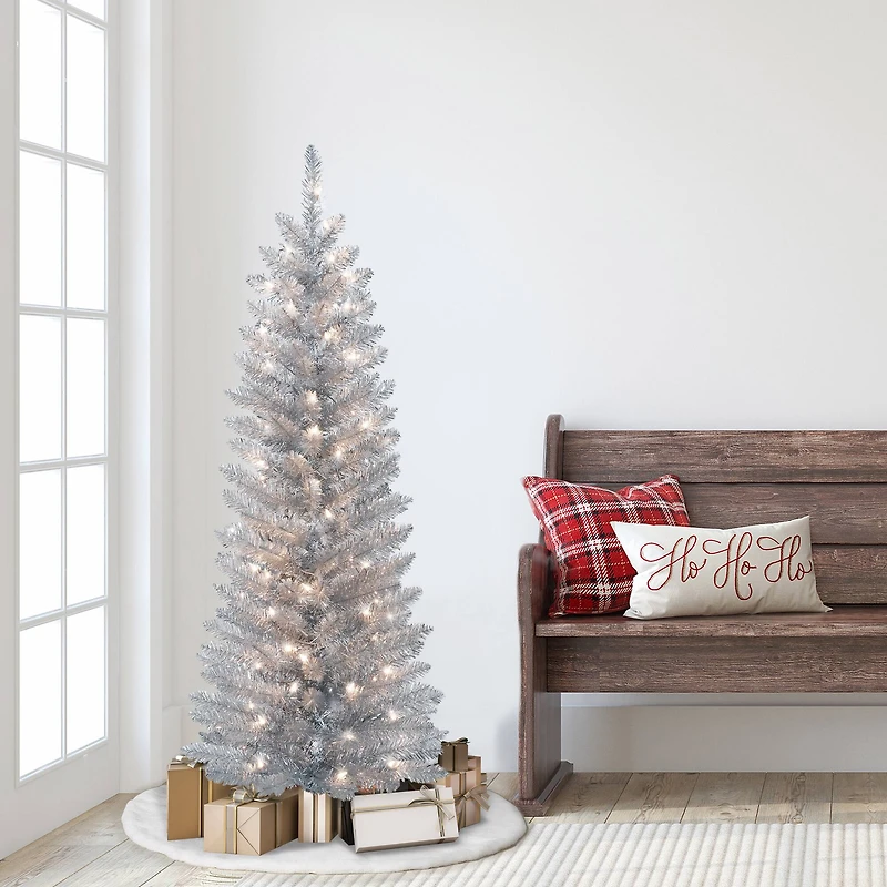 4.5ft. Pre-Lit Silver Tinsel Artificial Christmas Tree, Clear Lights