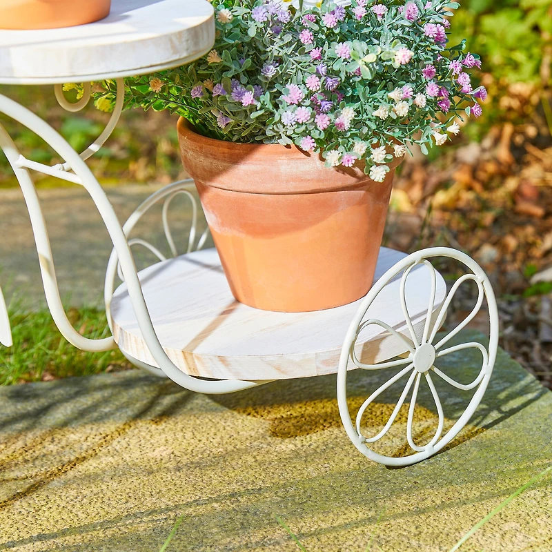 Glitzhome® 24" White Metal Tricycle Planter Stand with Solid Wood Tray