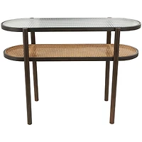 Brown Rattan Console Table with Pressed Tempered Glass Top