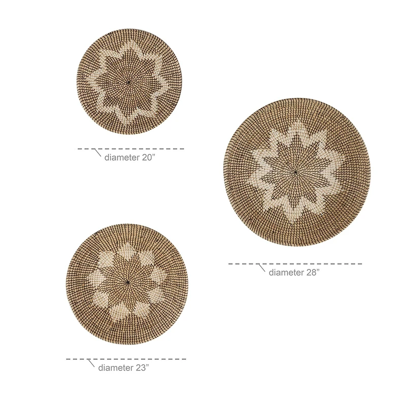 Set of 3 Natural Brown Seagrass Traditional Abstract Wall Decor, 29", 24", 20"