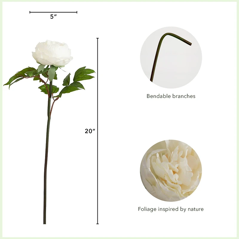 20" White Peony Flower Stems, 3ct.