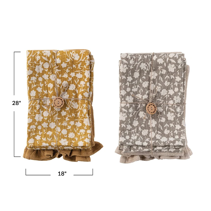 Hello Honey® Yellow & Gray Flower Print & Jute Rope Cotton Decorative Tea Towels Set