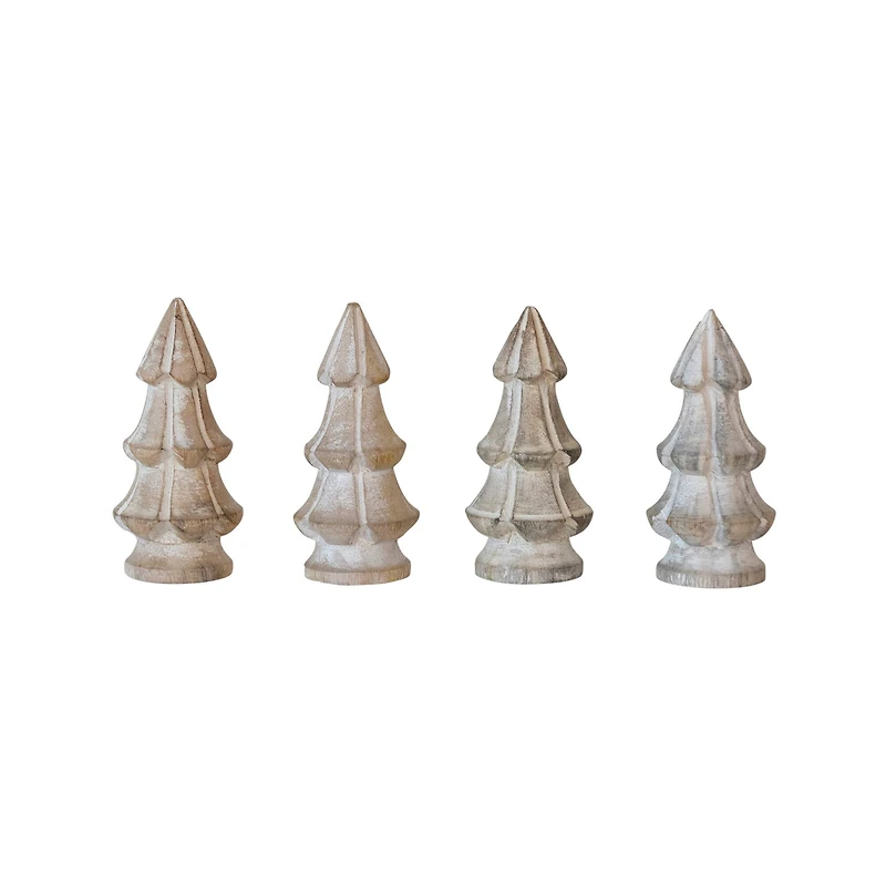 Hello Honey® 4.25" White Carved Mango Wood Christmas Trees, 4ct.