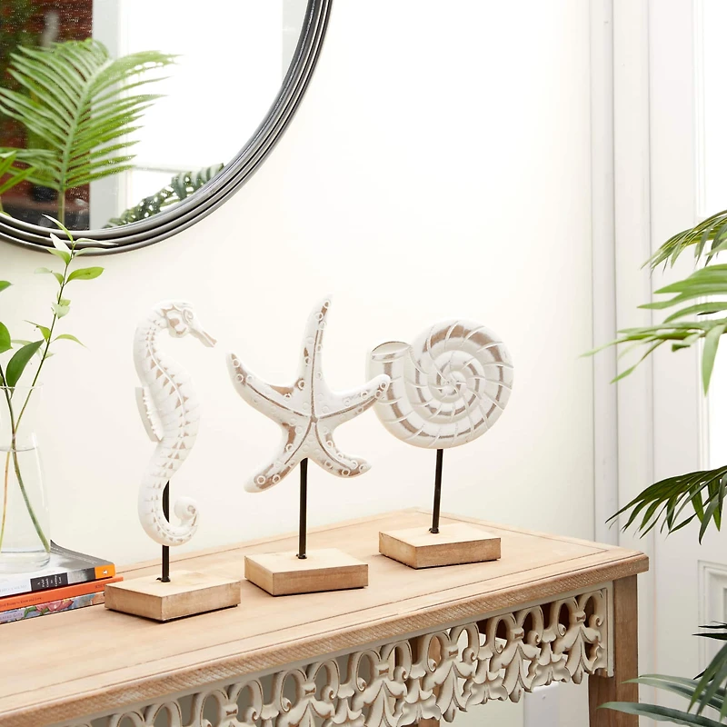 Set of 3 White Plastic Coastal Sea Animals Sculpture, 13.25", 13.25", 13"