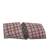 JAM Paper 4" x 10yd. Gray Wired Plaid Glitter Printed Stitch Ribbon
