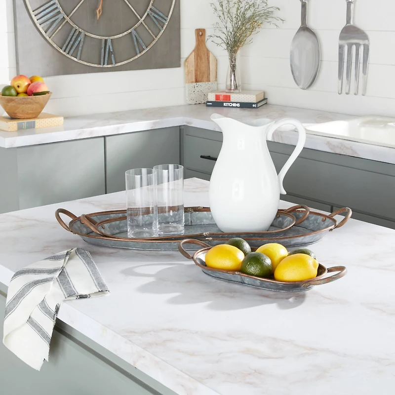 Set of 3" Grey Metal Farmhouse Tray, 14", 22", 28"