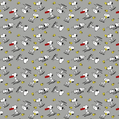 Peanuts® Snoopy & Woodstock Feelings on Gray Cotton Fabric