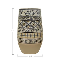 Hello Honey® 12" Blue & Yellow Hand Painted Stoneware Vase
