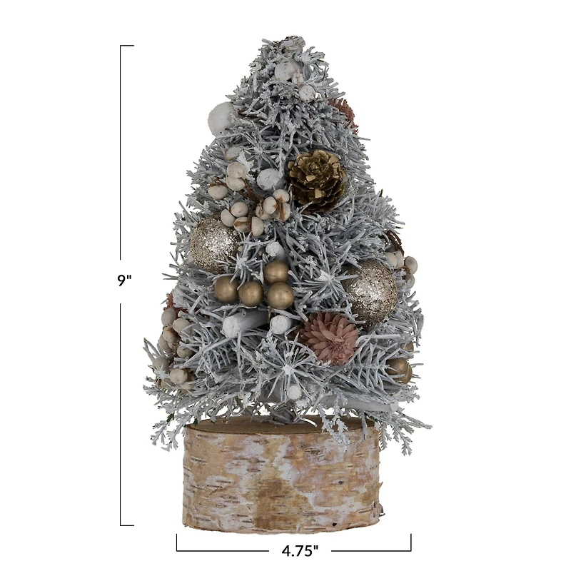 Hello Honey® 9" Frosted Ornaments, Pinecones & Glitter Christmas Tree with Wood Slice Base