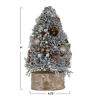 Hello Honey® 9" Frosted Ornaments, Pinecones & Glitter Christmas Tree with Wood Slice Base