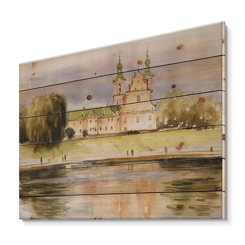 Designart - Historic Church On The Rock On Banks of The River - Lake House Print on Natural Pine Wood