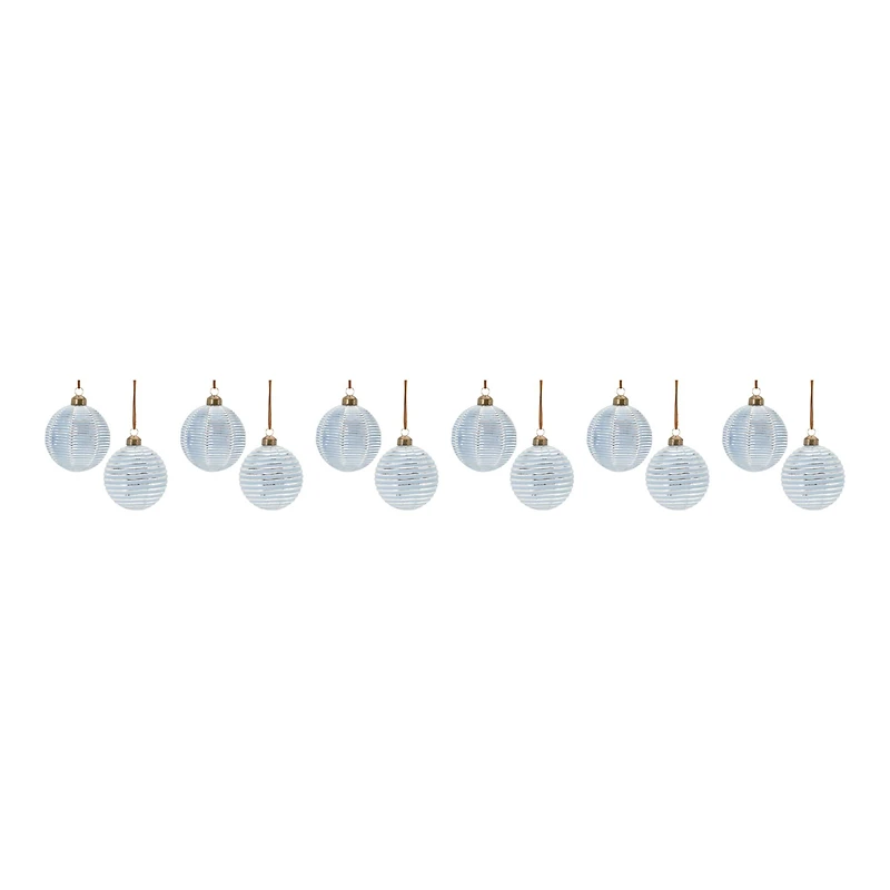 3" Ribbed Blue & White Glass Ball Ornament Set