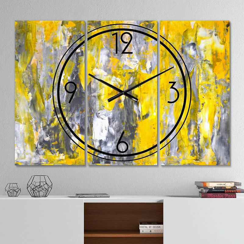 Designart Gray & Yellow Abstract Pattern Modern 3 Panel Wall Clock