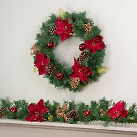 24" Red Poinsettias Gold Pinecones & Berries Artificial Wreath