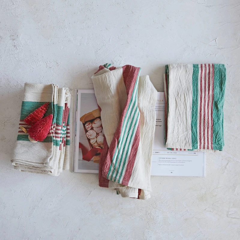 Hello Honey® Red & Green Cotton Stripe Printed Tea Towel Set