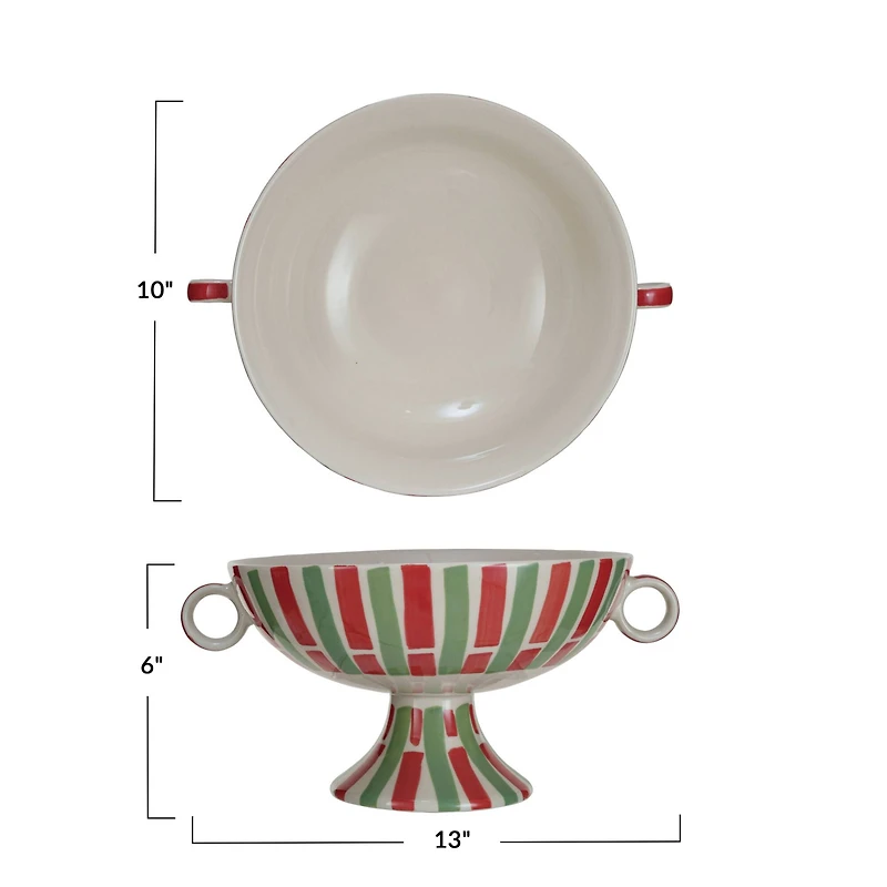 Hello Honey® 13" Red, Green & Cream Hand-Painted Stoneware Footed Bowl with Handles & Stripes