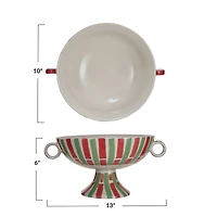 Hello Honey® 13" Red, Green & Cream Hand-Painted Stoneware Footed Bowl with Handles & Stripes