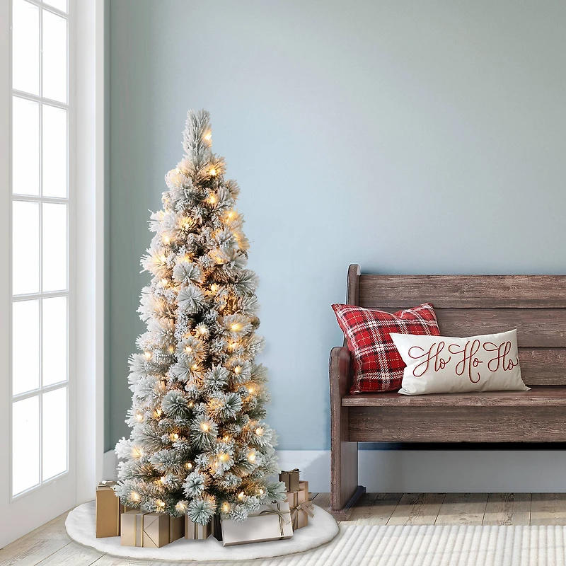 4.5ft. Pre-Lit Flocked Portland Pine Pencil Artificial Christmas Tree, Clear Lights