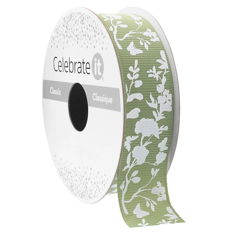 7/8" x 5yd. Green Floral Grosgrain Ribbon by Celebrate It® Classic