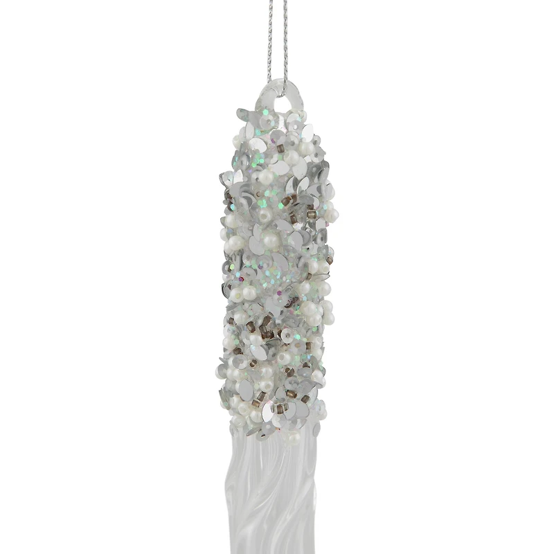 Sequined and Beaded Icicle Glass Christmas Ornament - 9" - Clear