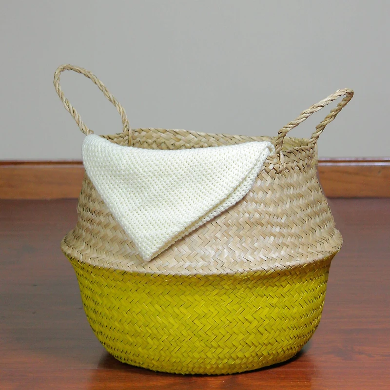 14.5" Beige & Yellow Large Seagrass Belly Basket with Handles