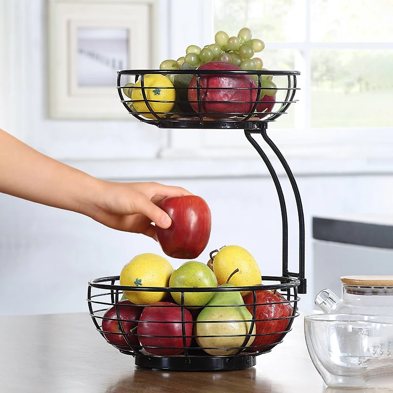 SunnyPoint Classic 2-Tier Wire Basket Bowl Stand with Wooden Base