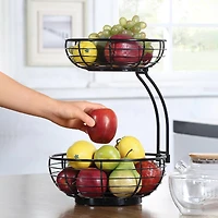SunnyPoint Classic 2-Tier Wire Basket Bowl Stand with Wooden Base