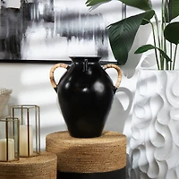 19" Black Ceramic Jug Vase with Rattan Wrapped Handles
