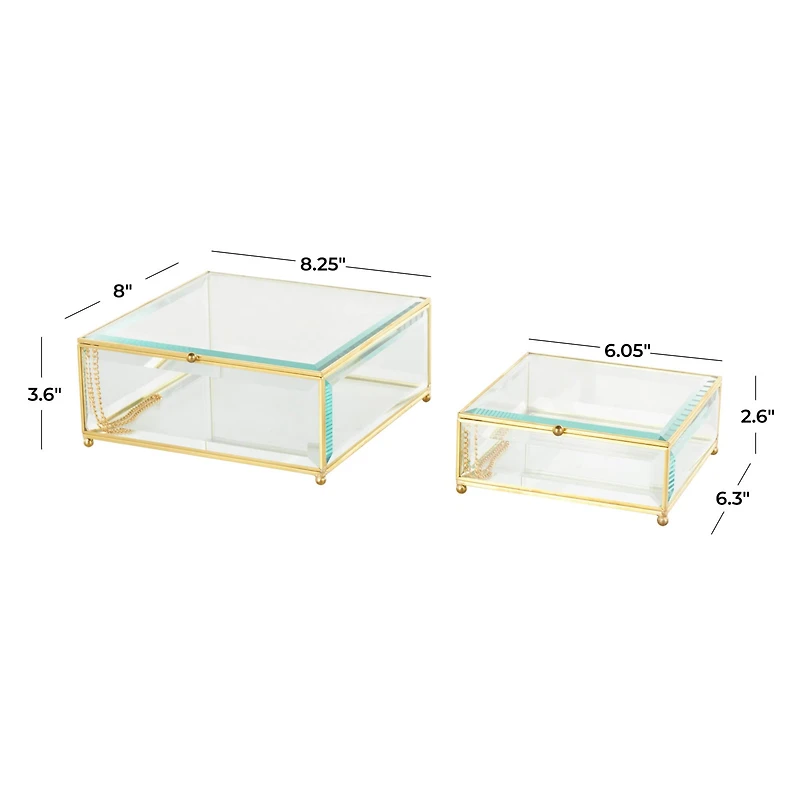 Clear & Gold Beveled Glass & Metal Square Footed Jewelry Box with Chain Accent Set