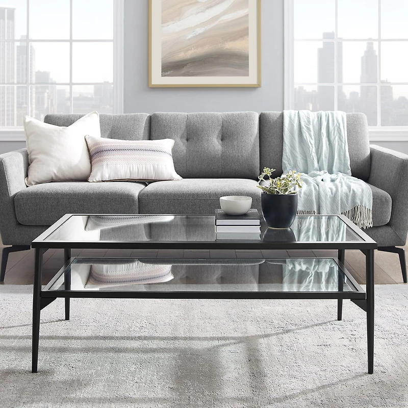 42" Black Two Tier Glass and Metal Coffee Table