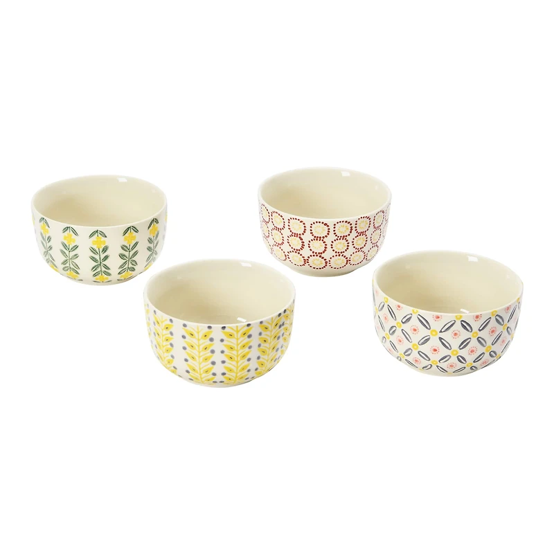 Hello Honey® 4.75" Wide Floral Print Hand-Stamped Stoneware Bowls, 4ct.