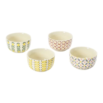Hello Honey® 4.75" Wide Floral Print Hand-Stamped Stoneware Bowls, 4ct.