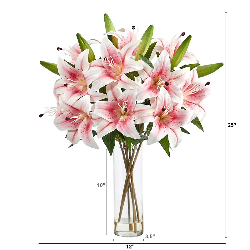 25" Artificial Pink Lily Arrangement with Cylinder Glass Vase