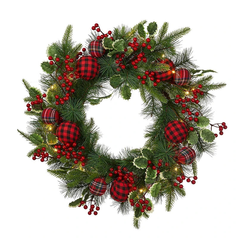 Glitzhome® 24" Pre-Lit Ornament, Berry, Holly & Pine Wreath