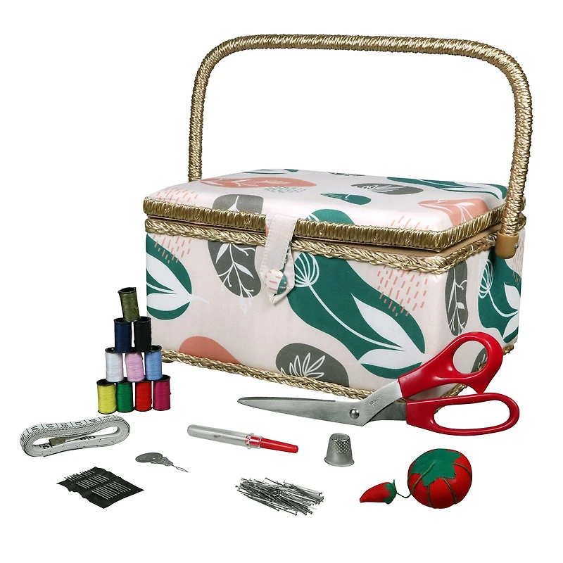 SINGER® Large Tan Organic Print Sewing Basket with Sewing Scissors & Notions