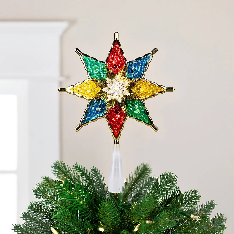 8" Pre-Lit Red and Green Crystal 8-Point Star Christmas Tree Topper - Clear Lights