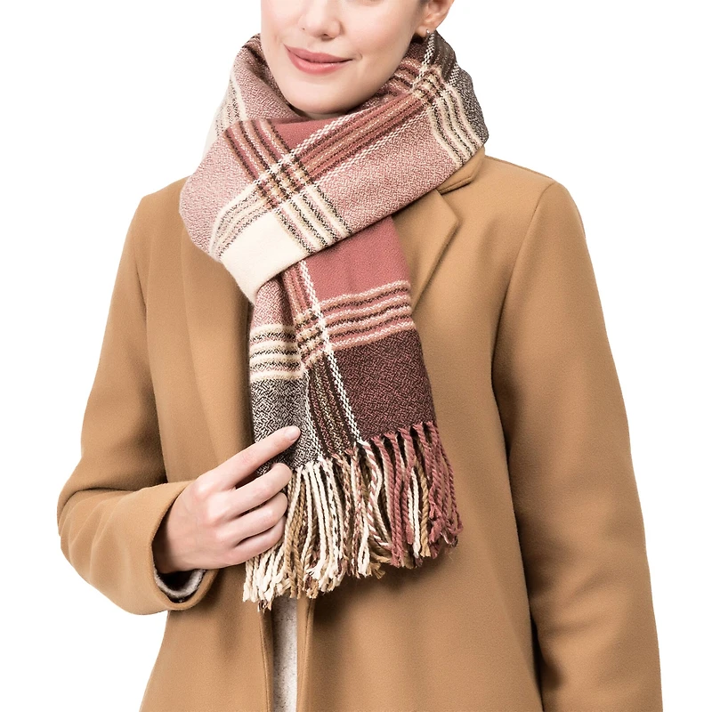 Glitzhome® 77" Pink, Cream & Gray Plaid Scarf with Tassels