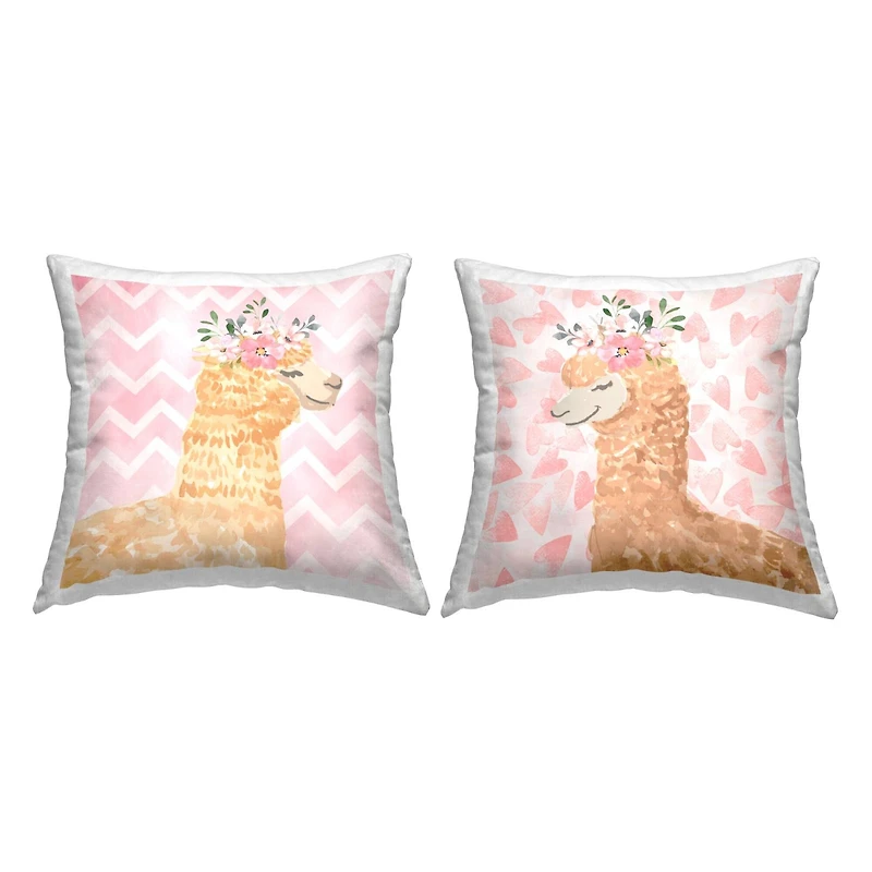 Stupell Industries Pastel Patterned Alpaca Pink Floral Crown 2 Pillow Set, 18" x 18"
